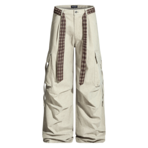 Wholesale Mens Baggy Cargo Pants with Plaid Belt Detail Streetwear Retro Oversized Wide Leg Trousers Custom Multi-Pocket Khaki Cargoes Factory Bulk