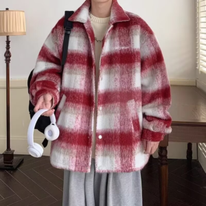 Wholesale Custom Red Plaid Wool Blend Thickened Overcoat Factory Bulk Customizable