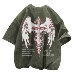 Oversized Gothic Angel Wings Cross Back Print T-Shirt Front View