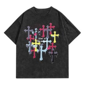 Oversized Vintage Washed Cross Graphic T-Shirt Front View