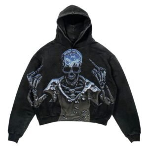 Oversized Cropped Skeleton Graphic Hoodie Front View